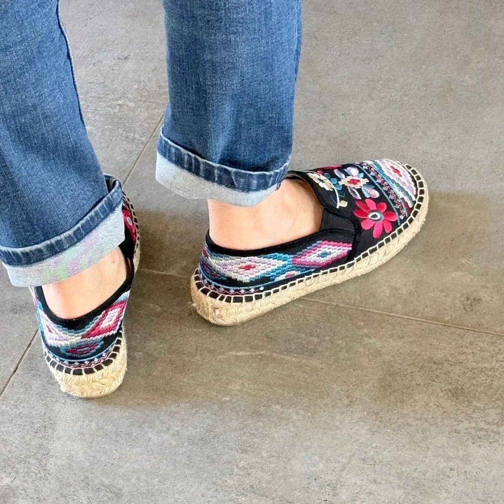 Johnny Was‎ Embroidered Espadrille Slip On Shoes Womens 39 Black Floral